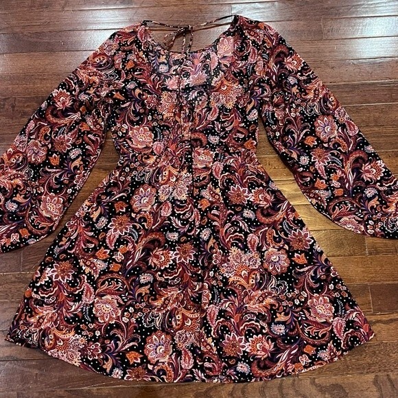 Long split sleeve rust print dress size small - Picture 2 of 6